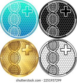ADN del genoma humano Doble Helix Healthy Assurance Logotipo médico de garantía, juego de pictograma de icono redondo, silueta blanco-negro, insignia dorada, arte de línea aislado en fondo blanco