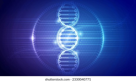 Human DNA, Double-Strand Helix Genetic Engineering, Genetic Modification, Cybernetic Futuristic Robotic Circuit Board Translucent Neon Glow Medical Hologram Backdrop Background Illustration