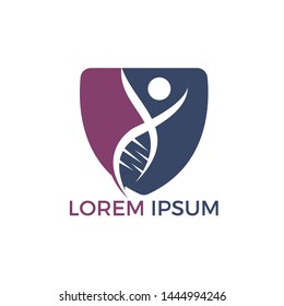 Human DNA and genetic logo design. Genetic analysis, research biotech code DNA. Biotechnology genome chromosome.	