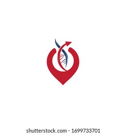 Human DNA and map pointer logo design. Human DNA and GPS locator symbol or icon. Unique science and pin logotype design template.	