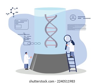 Human DNA Research Concept Flat Cartoon Vector Illustration. Large Tube in which DNA is Located. Scientists Sitting in Lab Coats with Laptops and Microscope. Clouds with Different Chemical Formulas.