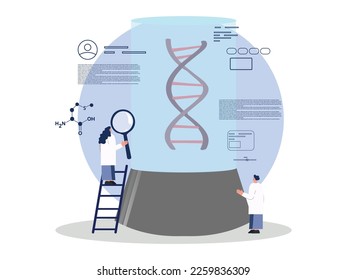 Ilustración de vectores de dibujos de dibujos planos de concepto de investigación de ADN humano. Tubo grande en el que se encuentra el ADN. Científicos sentados en capas de laboratorio con laptops y microscopio. Nubes con diferentes fórmulas químicas.