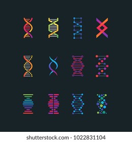 Human dna research technology symbols. Spiral molecule medical bio tech vector icons. Research chemistry and medicine, helix genetic genome illustration