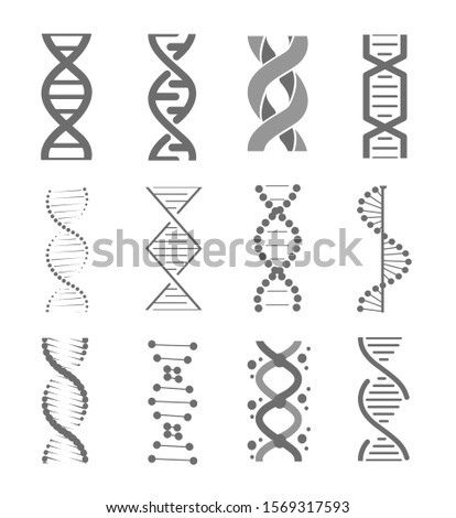 Human dna research technology symbols. Adn helix structure, genomic model and human genetics code.  Vector isolated illustration set