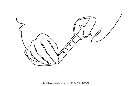 Human doctor hands holding syringe medical flu vaccination minimalist continuous line vector