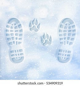 Human And Dog Footprints On Surface White Winter Snow. Overhead View. Texture Of Snow Surface. Vector Illustration Background. 