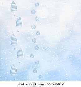 Human And Dog Footprints On Surface White Winter Snow. The Girl With The Dog. The Traces Of Women's Boots. Overhead View. Texture Of Snow Surface. Vector Illustration Background. 