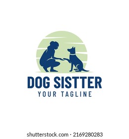 Human and dog silhouette vector design logo under the moon, dog sitter, dog lover illustration.