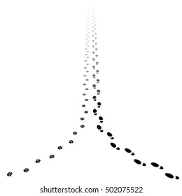 Human and dog tracks walking away. Illustration of receding footprints with copy space. Vector EPS10.