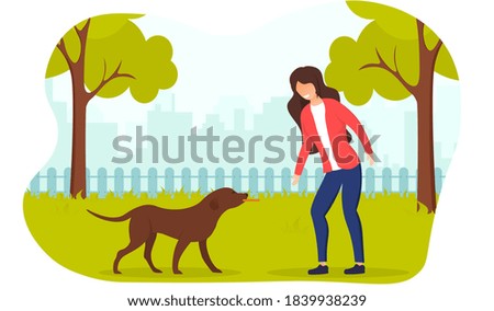 Human and dog training and friendship concept. A dog bringing a thrown stick to its owner. Flat cartoon vector illustration.
