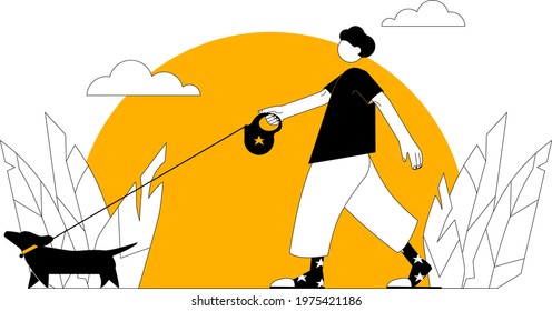 human with dog, walking, taksa, sunset