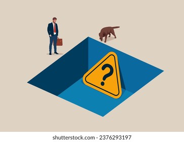 Human with dog watching a question mark sign sunk in the gap. Ask questions to get answer for solving problem.  Flat vector illustration.