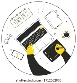 Human is drawing. Designer workplace vector illustration. Freelancer is working on tablet and typing on laptop keyboard. Artist is drawing. Digital drawing illustration