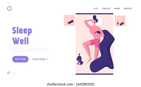 Human Dreaming Pose, Night Rest Recreation Website Landing Page. Young Male Character Sleeping on Bed with Dog Top View. Naked Man Hugging Blanket Web Page Banner. Cartoon Flat Vector Illustration