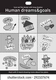 Human dreams and goals flat icon set black and white
Icons set flat design wishes and goals with long shadow. 
Monochrome vector illustration 