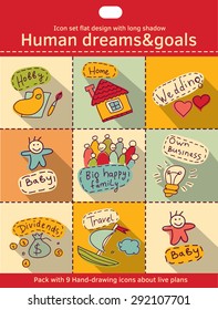 Human dreams and goals flat icon set color
Icons set flat design wishes and goals with long shadow. Color vector illustration.