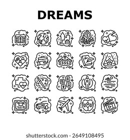 human dreams icons set vector. nightmare, subconscious, interpretation, vision, daydream, symbolism, unconscious human dreams black contour illustrations