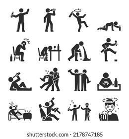 Human Drinks Alcohol, People Icons Set. Excessive Consumption Of Alcoholic Beverage. Man Got Drunk. Bad Behavior Of Drunken People. Vector Black And White Icon, Isolated Symbol