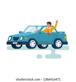 Human driving car. Happy young man waving hand. Vector illustration flat design. Isolated on white background. Cartoon style. Auto goes on the road.