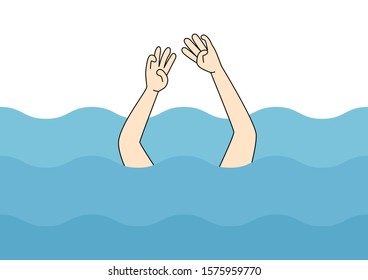 Human drowning in water, human can't swim. Human raising hand up for needing help