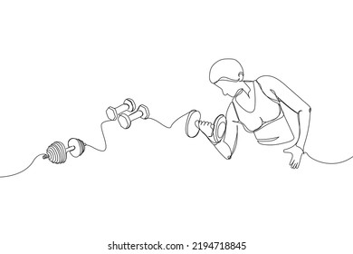 Menschlich mit Hantel setzen eine Linie Kunst. Kontinuierliches Zeichnen von Sport, Fitness, körperliche Bildung, Aufbau, Muskelaufbau, Fitnessraum, sexy Körper, Mädchen.