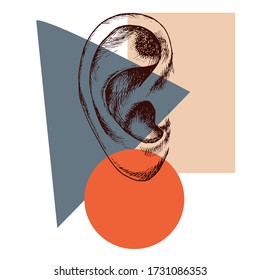 Human ear and abstract composition. Hand-drawn vector illustration for your medical or fashion design.