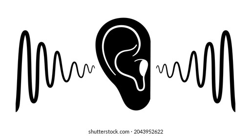 Human ear anatomy and auditory icon. Hearing test. Acoustic, ringing, audiology concept. Noise symbol on white background. Audiogram and audio wave isolated flat vector illustration.