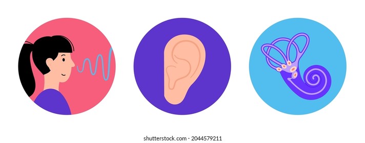 Human ear anatomy and auditory icon. Hearing test. Acoustic, ringing, audiology concept. Noise symbol on white background. Audiogram and audio wave isolated flat vector illustration.
