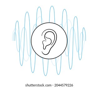 Anatomía del oído humano e ícono auditivo. Prueba de audición. Concepto acústico, sonoro, audiología. Símbolo de ruido sobre fondo blanco. Ilustración vectorial plana aislada de ondas de audio y audio.