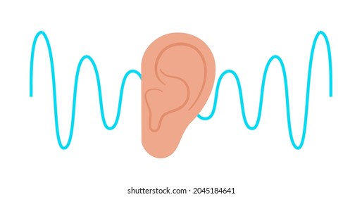 Human ear anatomy and auditory icon. Hearing test. Acoustic, ringing, audiology concept. Noise symbol on white background. Audiogram and audio wave isolated flat vector illustration.