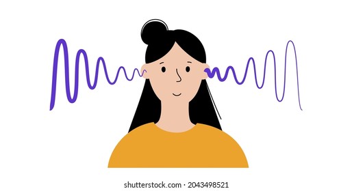 Human ear and auditory icon. Hearing test. Acoustic, ringing, audiology concept. Noise symbol on white background. Audiogram and audio wave isolated flat vector illustration.