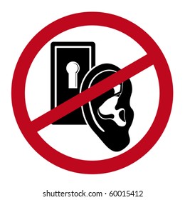 Human ear close by keyhole under prohibitive sign. Dichromatic simple icon