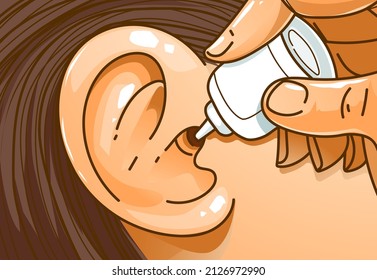 Human ear. The closeup image of the auricle. The hand holds the medical drops and instills them into the ear. Healthcare illustration. Vector illustration.  