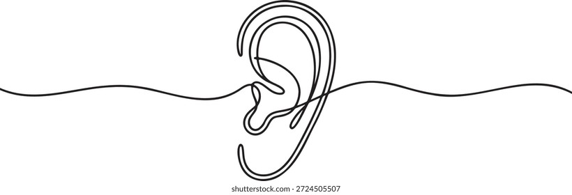 Human ear continuous line art drawing sensory organ for hearing. Minimalist medical anatomy concept design element. Simple contour sketch representing audio perception. Single line illustration of sound receptor listening.
