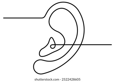 Desenho contínuo de uma linha do ouvido humano e ícone do vetor de contorno minimalista