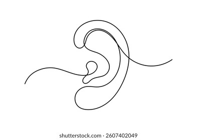 Human ear continuous single line drawing, Parts of five human senses, drawning with one continuous line with editabel stroke vector illustration
