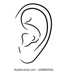 Human ear from the contour black brush lines different thickness on white background. Vector illustration.