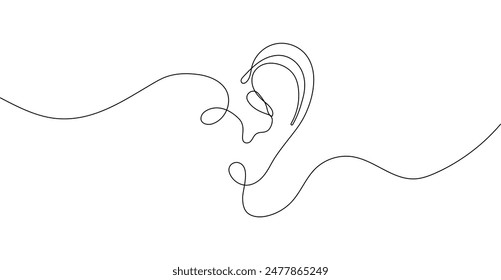 Human ear drawn in one continuous line. This linear contour silhouette