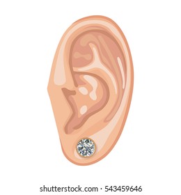 Human ear with framed earring front view, vector illustration isolated on white background