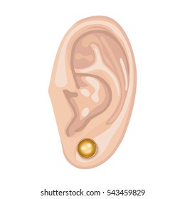 Human ear with framed earring front view, vector illustration isolated on white background