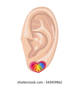 Human ear with framed earring front view, vector illustration isolated on white background