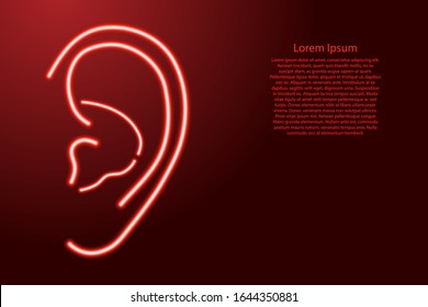 Human ear from glowing red neon luminescence lines on classic blue dark background. Vector illustration.