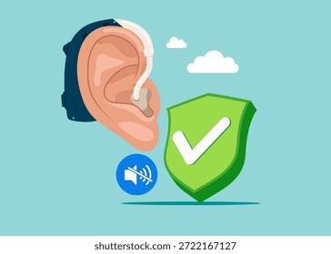 Oreja humana con marca de verificación de escudo verde. Buen audífono, buenas Configuraciones, audición cómoda. Ilustración vectorial plana