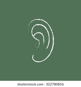 Human ear hand drawn in chalk on a blackboard vector white icon isolated on a green background.