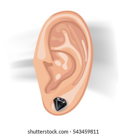 Human ear with an hanging earring front view, vector illustration isolated on white background