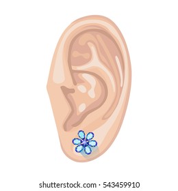 Human ear with an hanging earring front view, vector illustration isolated on white background