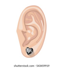 Human ear with an hanging earring front view, vector illustration isolated on white background