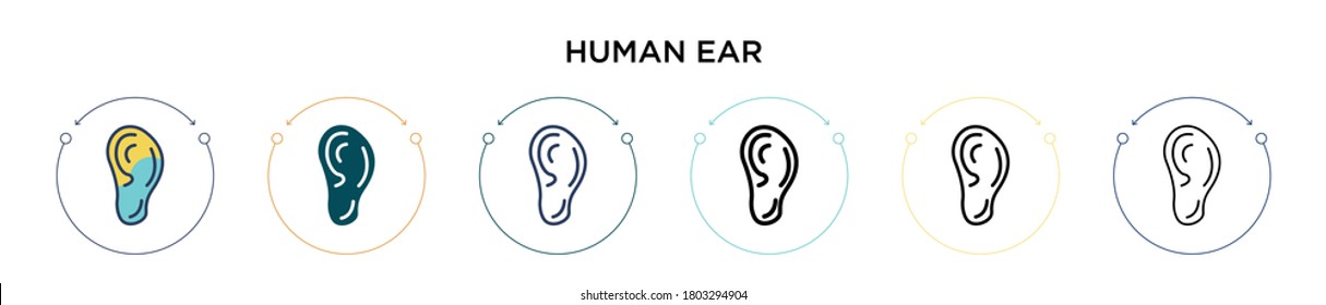 Human ear icon in filled, thin line, outline and stroke style. Vector illustration of two colored and black human ear vector icons designs can be used for mobile, ui, web