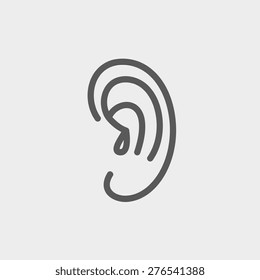Línea delgada del icono del oído humano para web y móvil, diseño moderno minimalista plano. Icono vector de gris oscuro sobre fondo gris claro.