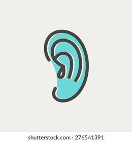 Human ear icon thin line for web and mobile, modern minimalistic flat design. Vector icon with dark grey outline and offset colour on light grey background.